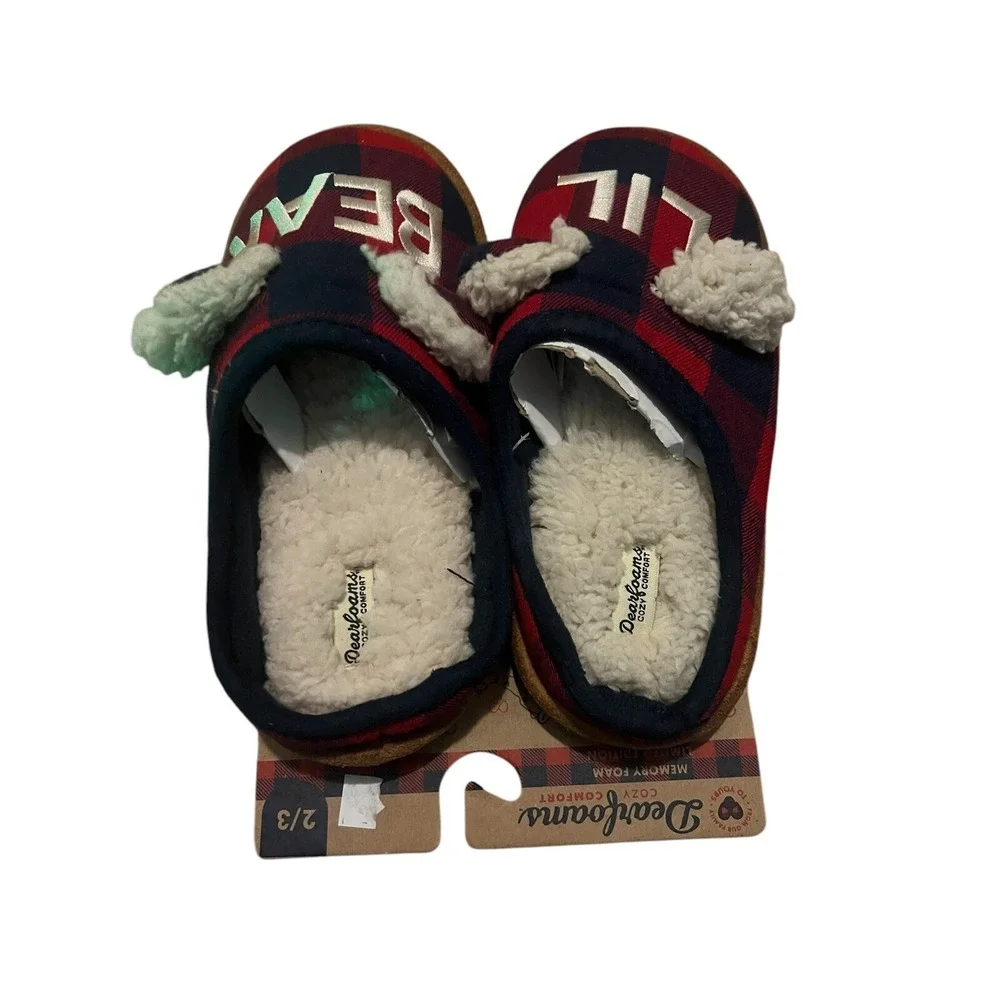 Dear Foams Lil bear plaid slippers kid's size 2/3 New With Tags